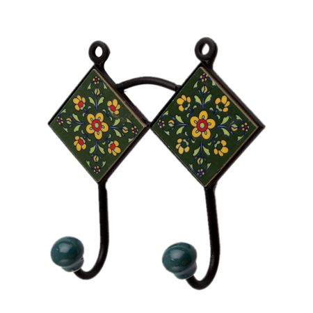 Green Floral Ceramic Tiles Hooks-460 (Set Of Ine Piece)